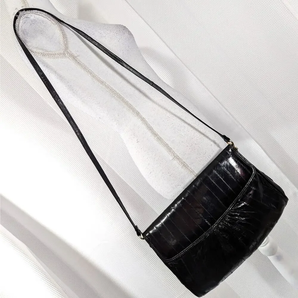 VINTAGE BLACK EEL! GORGEOUS SUEDE LEATHER LINED SHOULDER BAG, PURSE, LIKE NEW!